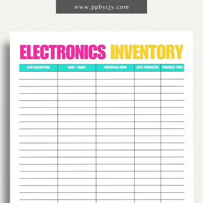 Electronics Home Inventory Printable Template – Digital Download for Tracking Home Electronics with sections for item details, purchase dates, warranty information, and locations.