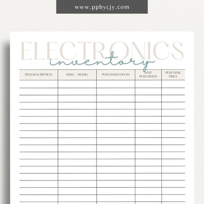 Electronics Home Inventory Printable Template – Digital Download for Tracking Home Electronics with sections for item details, purchase dates, warranty information, and locations.