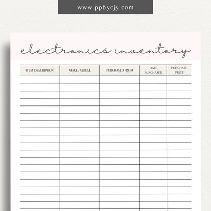 Electronics Home Inventory Printable Template – Digital Download for Tracking Home Electronics with sections for item details, purchase dates, warranty information, and locations.