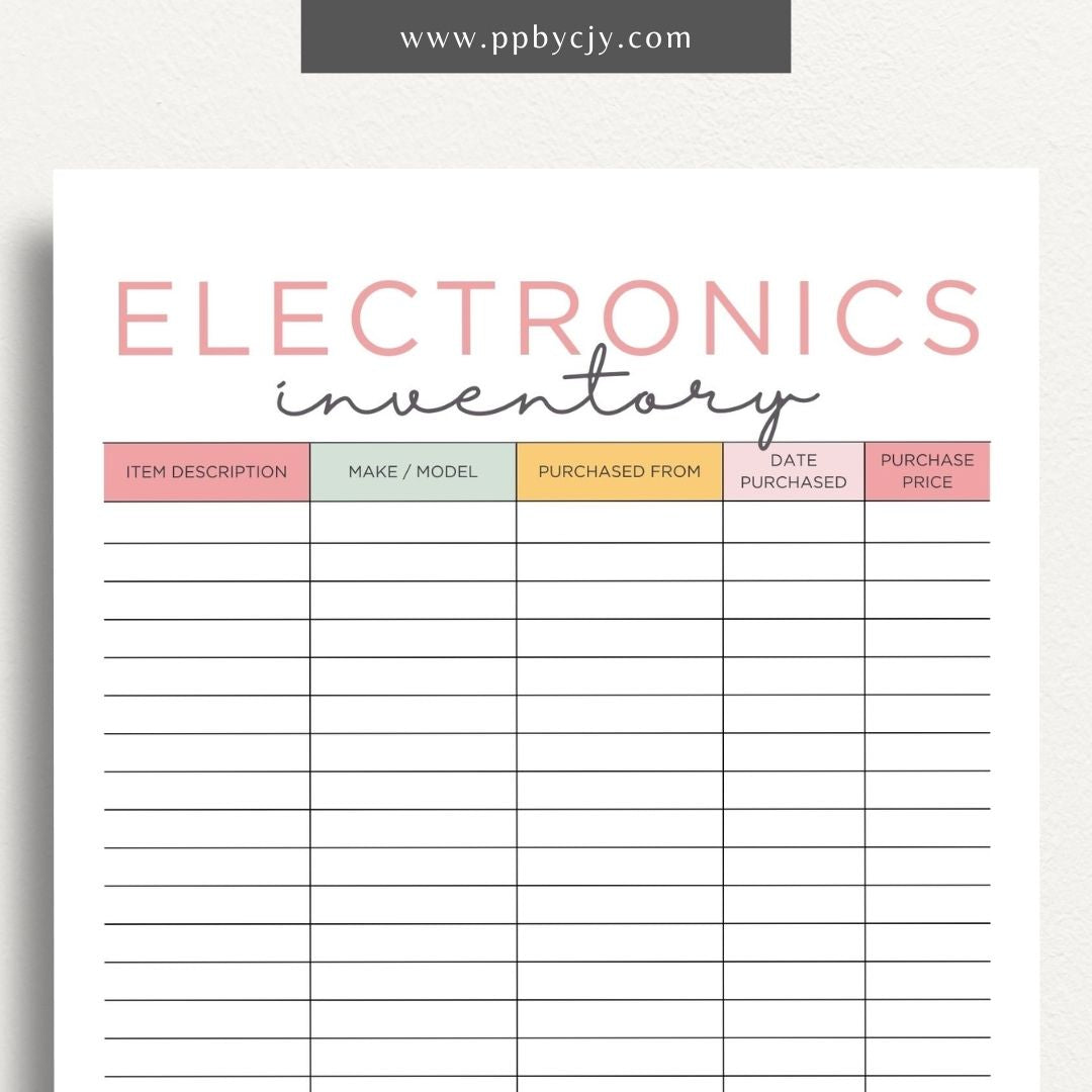 Electronics Home Inventory Printable Template – Digital Download for Tracking Home Electronics with sections for item details, purchase dates, warranty information, and locations.