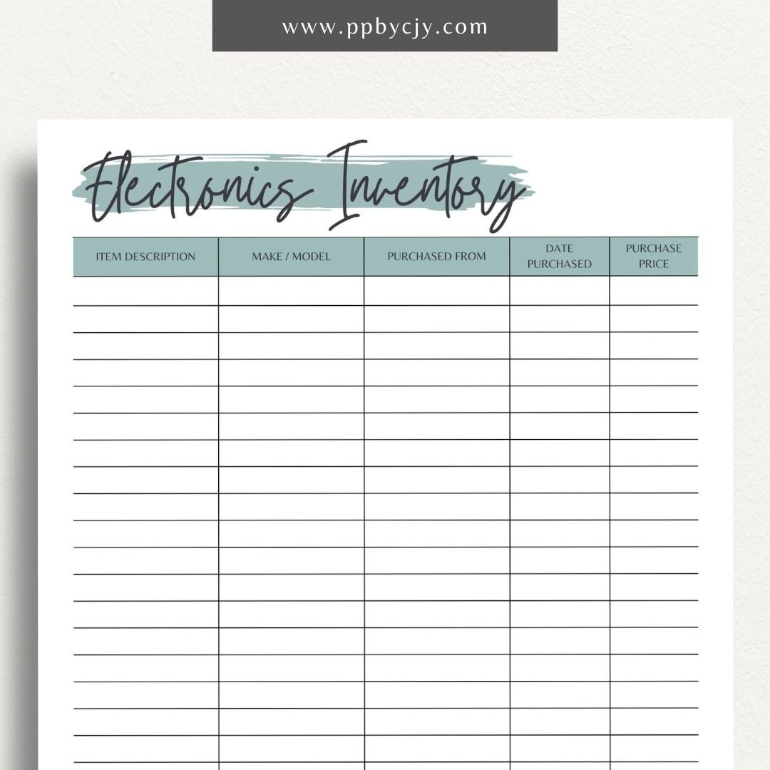 Electronics Home Inventory Printable Template – Digital Download for Tracking Home Electronics with sections for item details, purchase dates, warranty information, and locations.