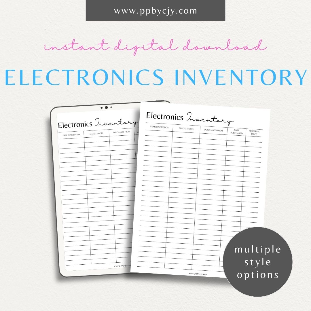 Electronics Home Inventory Printable Template – Digital Download for Tracking Home Electronics with sections for item details, purchase dates, warranty information, and locations.