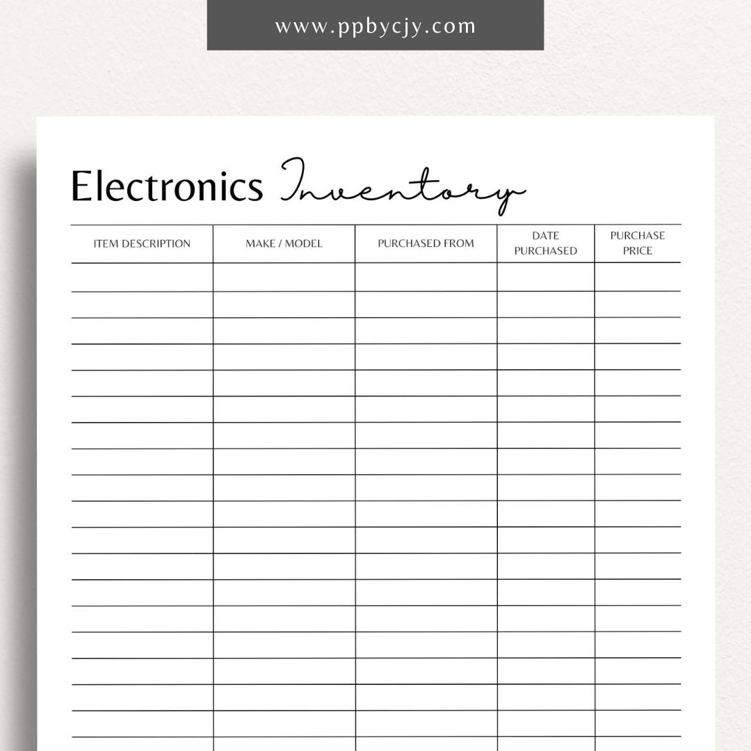 Electronics Home Inventory Printable Template – Digital Download for Tracking Home Electronics with sections for item details, purchase dates, warranty information, and locations.