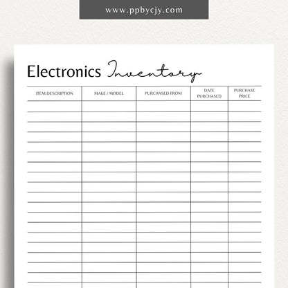 Electronics Home Inventory Printable Template – Digital Download for Tracking Home Electronics with sections for item details, purchase dates, warranty information, and locations.