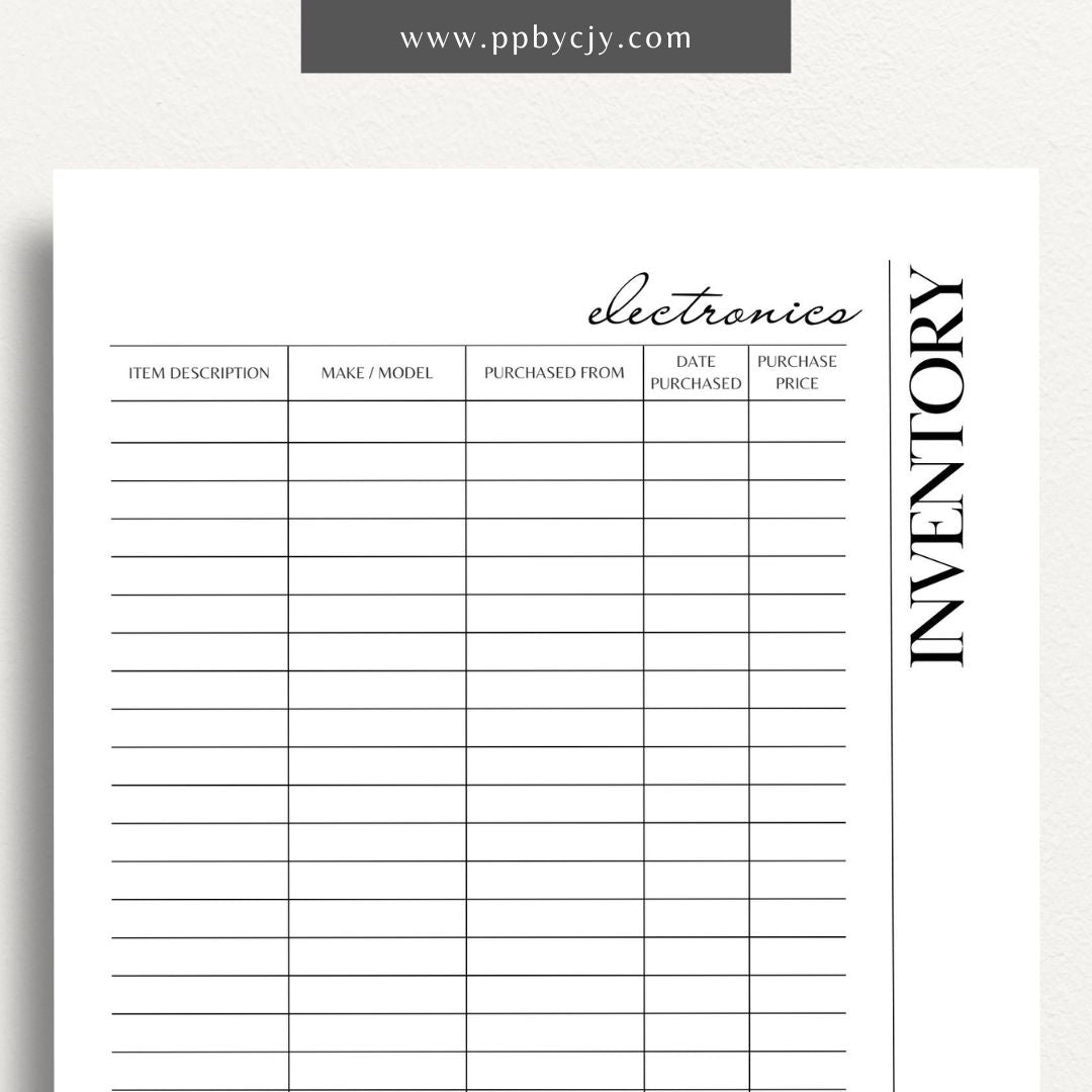 Electronics Home Inventory Printable Template – Digital Download for Tracking Home Electronics with sections for item details, purchase dates, warranty information, and locations.