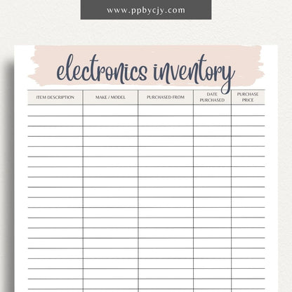 Electronics Home Inventory Printable Template – Digital Download for Tracking Home Electronics with sections for item details, purchase dates, warranty information, and locations.