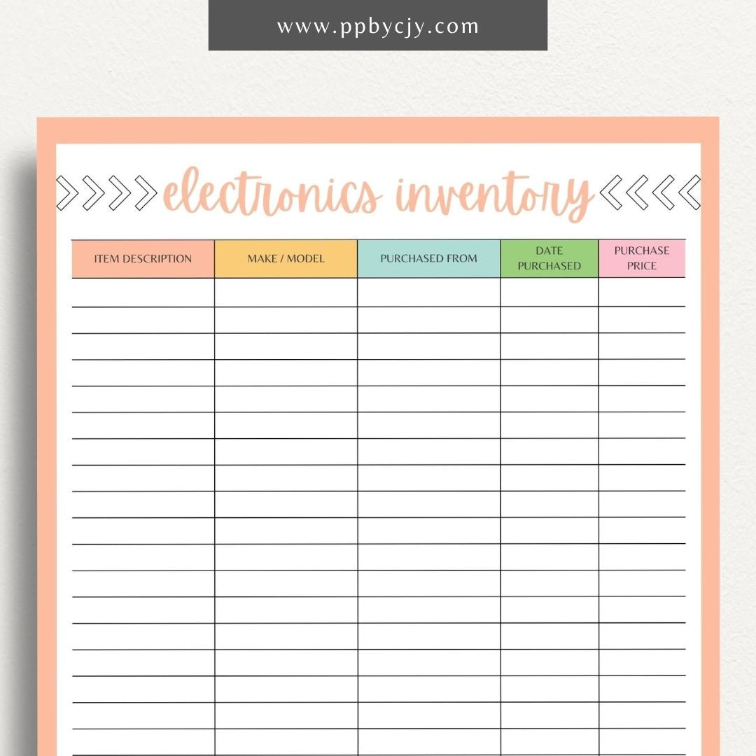 Electronics Home Inventory Printable Template – Digital Download for Tracking Home Electronics with sections for item details, purchase dates, warranty information, and locations.