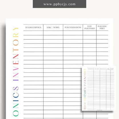 Electronics Home Inventory Printable Template – Digital Download for Tracking Home Electronics with sections for item details, purchase dates, warranty information, and locations.