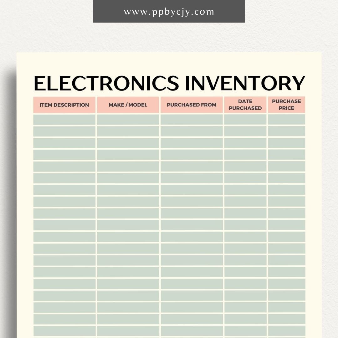 Electronics Home Inventory Printable Template – Digital Download for Tracking Home Electronics with sections for item details, purchase dates, warranty information, and locations.