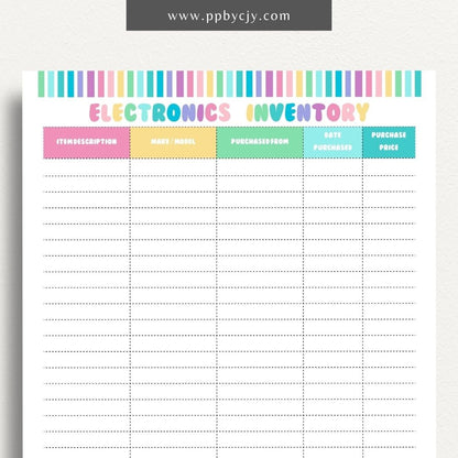 Electronics Home Inventory Printable Template – Digital Download for Tracking Home Electronics with sections for item details, purchase dates, warranty information, and locations.