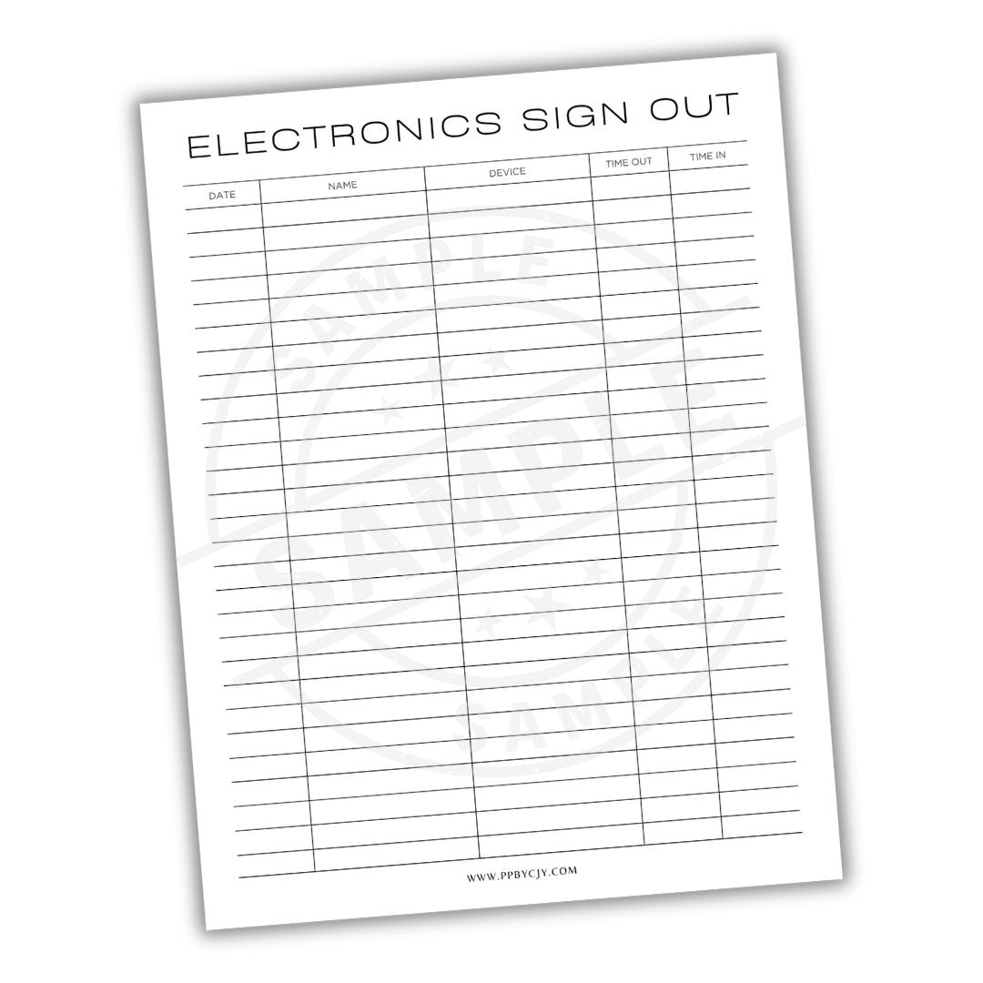 Electronics sign out sheet with a white background