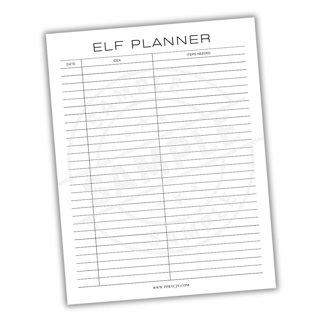 Elf planner sheet with columns for date, idea, and items needed on a white background.
