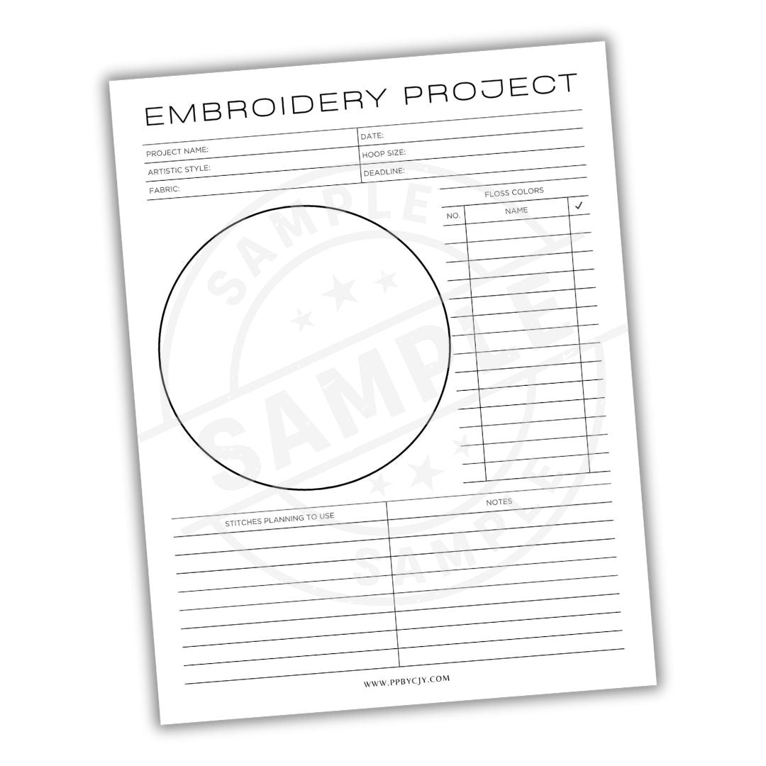 Embroidery project planning sheet with a circle template on a white background