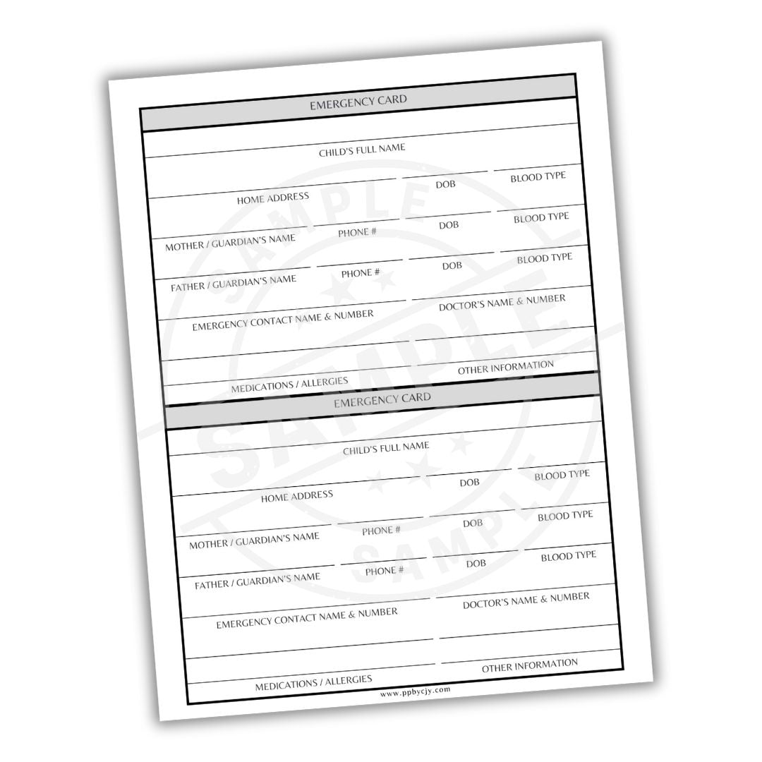 Emergency contact information card on a white background