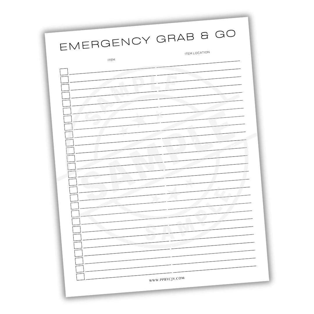 Emergency grab and go checklist sheet with columns for item and location on a white background.