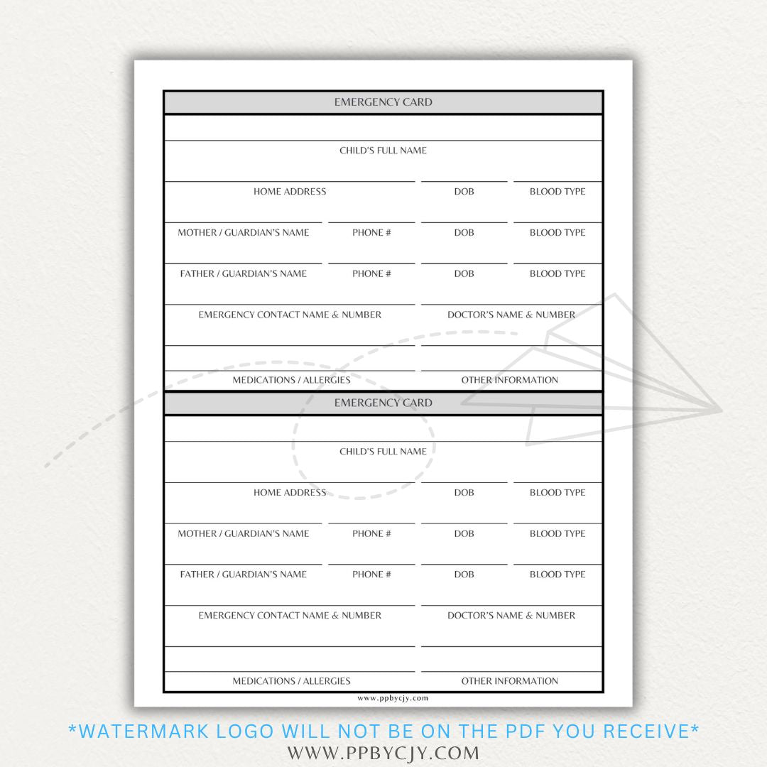 Emergency Card Printable PDF Template with sections for medical details and emergency contacts.

