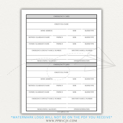 Emergency Card Printable PDF Template with sections for medical details and emergency contacts.

