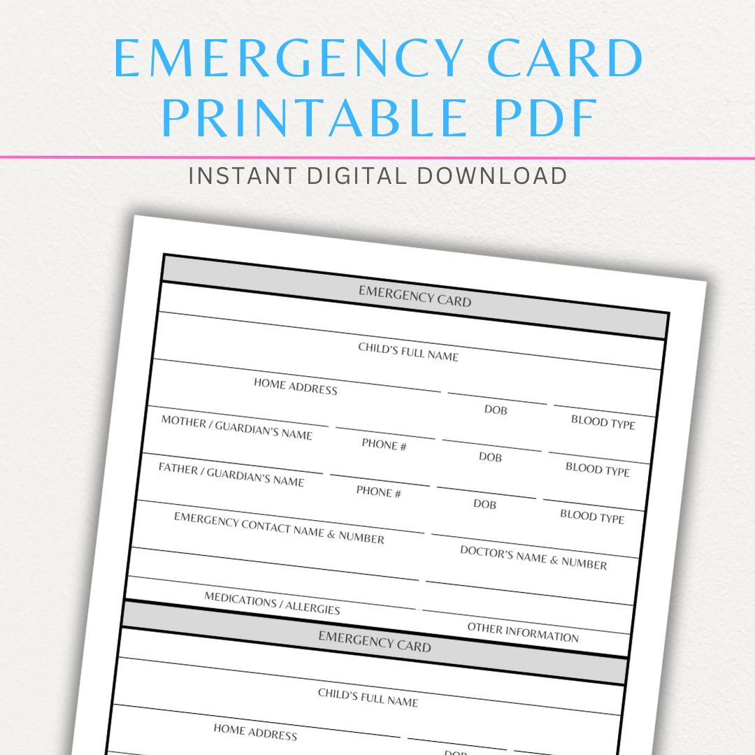 Emergency Card Printable PDF Template with sections for medical details and emergency contacts.

