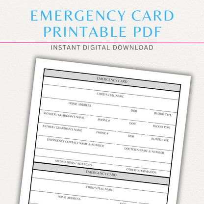 Emergency Card Printable PDF Template with sections for medical details and emergency contacts.

