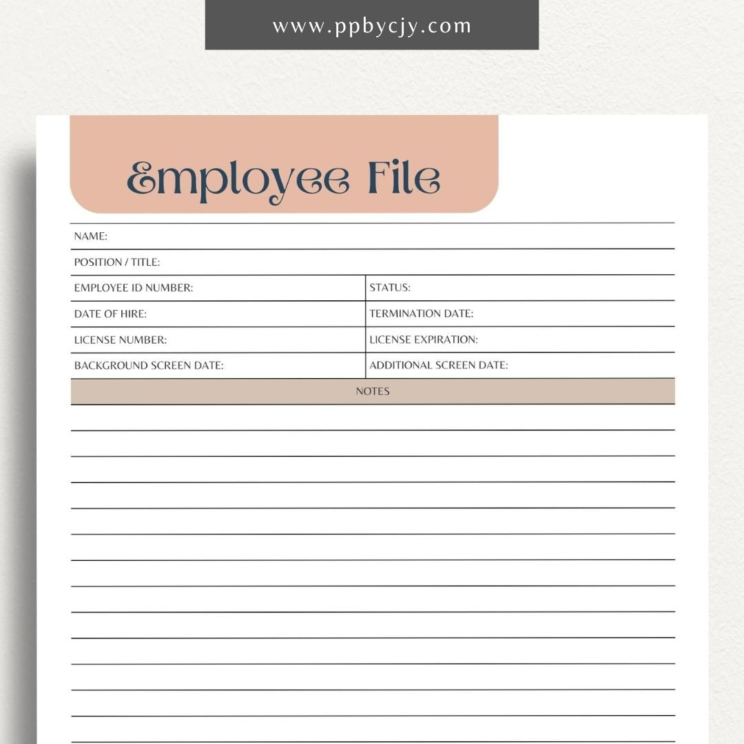 Employee File Printable Template – Digital Download for Organizing Employee Records with sections for personal information, job details, performance evaluations, and important documents.