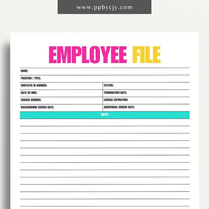 Employee File Printable Template – Digital Download for Organizing Employee Records with sections for personal information, job details, performance evaluations, and important documents.