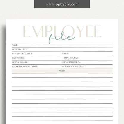 Employee File Printable Template – Digital Download for Organizing Employee Records with sections for personal information, job details, performance evaluations, and important documents.