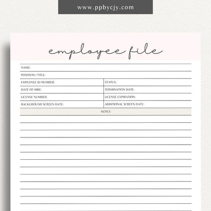 Employee File Printable Template – Digital Download for Organizing Employee Records with sections for personal information, job details, performance evaluations, and important documents.