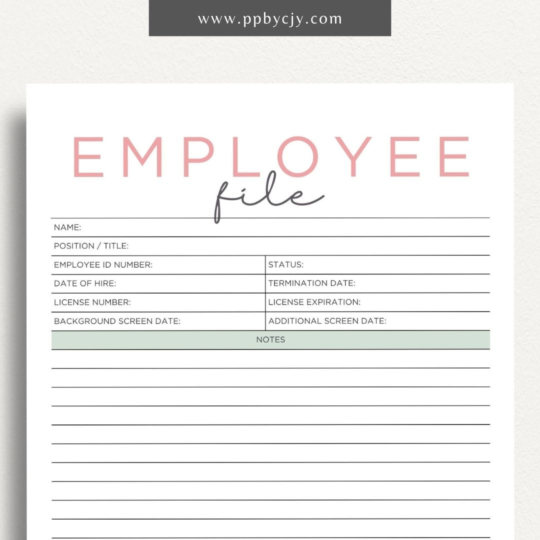 Employee File Printable Template – Digital Download for Organizing Employee Records with sections for personal information, job details, performance evaluations, and important documents.