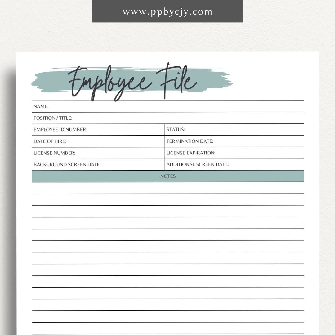 Employee File Printable Template – Digital Download for Organizing Employee Records with sections for personal information, job details, performance evaluations, and important documents.