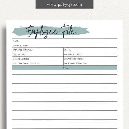 Employee File Printable Template – Digital Download for Organizing Employee Records with sections for personal information, job details, performance evaluations, and important documents.