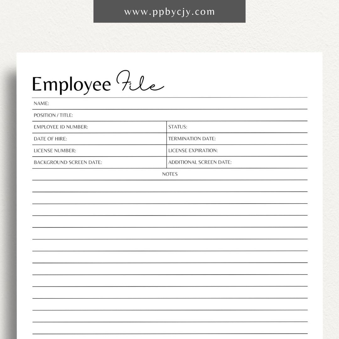 Employee File Printable Template – Digital Download for Organizing Employee Records with sections for personal information, job details, performance evaluations, and important documents.