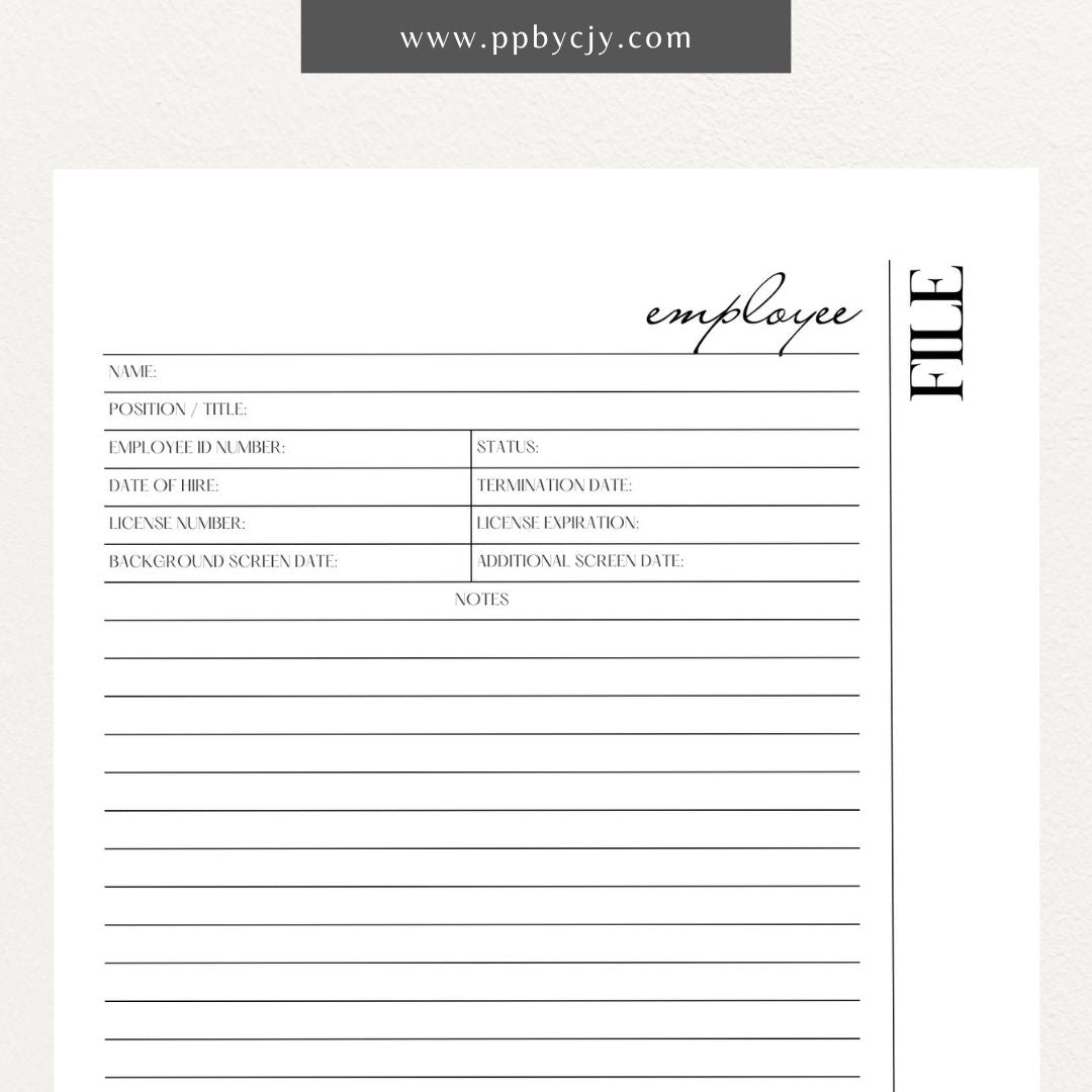 Employee File Printable Template – Digital Download for Organizing Employee Records with sections for personal information, job details, performance evaluations, and important documents.