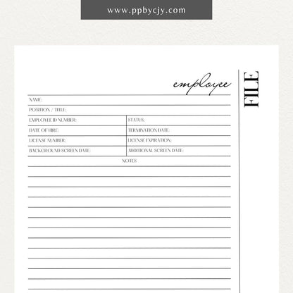 Employee File Printable Template – Digital Download for Organizing Employee Records with sections for personal information, job details, performance evaluations, and important documents.