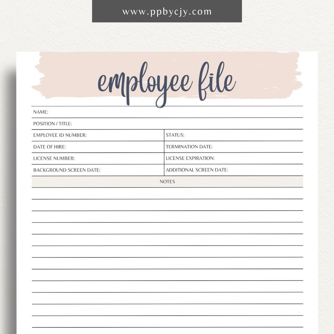 Employee File Printable Template – Digital Download for Organizing Employee Records with sections for personal information, job details, performance evaluations, and important documents.