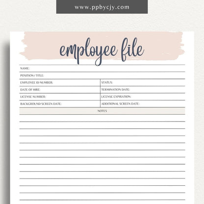 Employee File Printable Template – Digital Download for Organizing Employee Records with sections for personal information, job details, performance evaluations, and important documents.