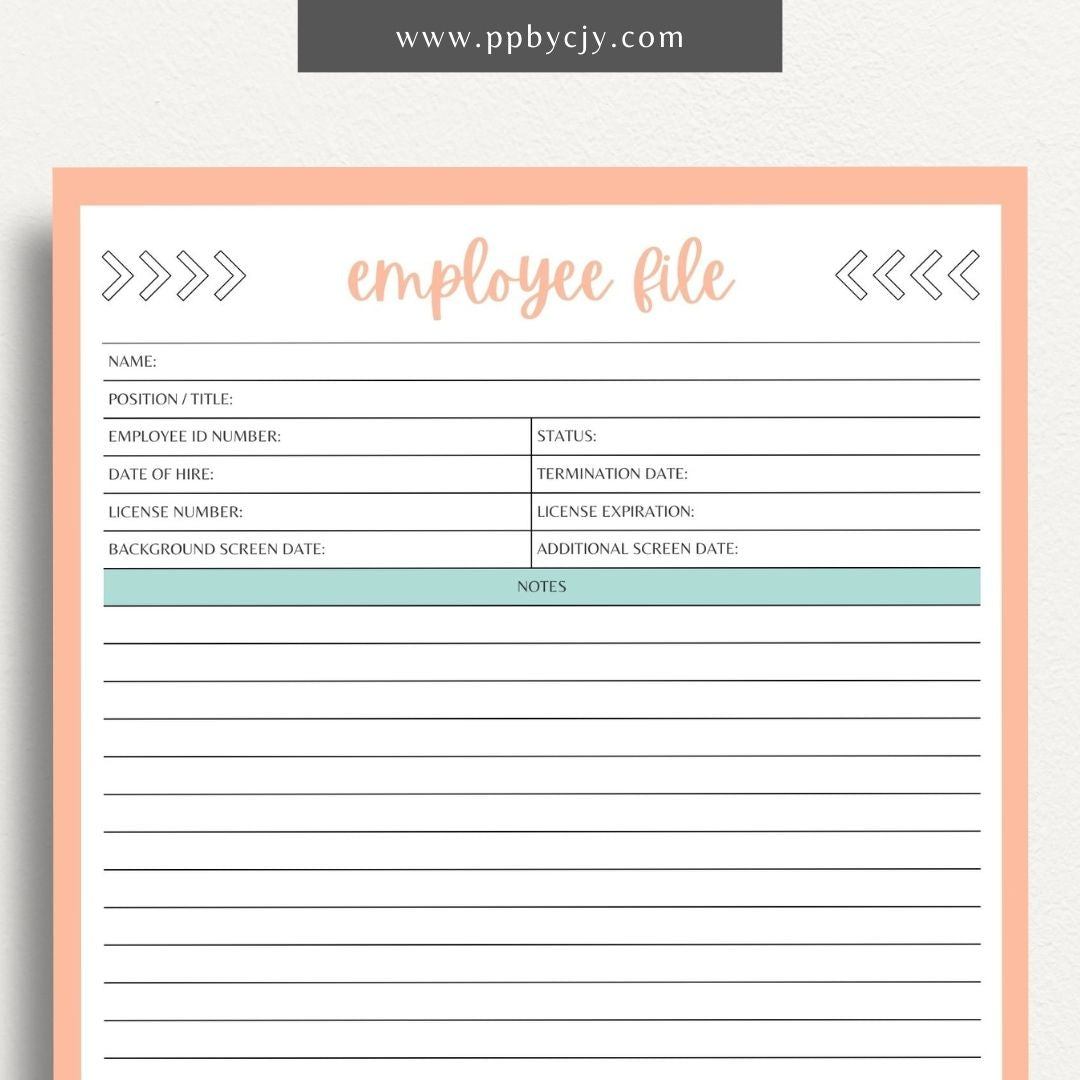 Employee File Printable Template – Digital Download for Organizing Employee Records with sections for personal information, job details, performance evaluations, and important documents.