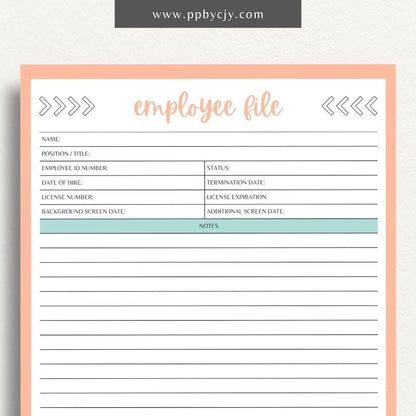 Employee File Printable Template – Digital Download for Organizing Employee Records with sections for personal information, job details, performance evaluations, and important documents.