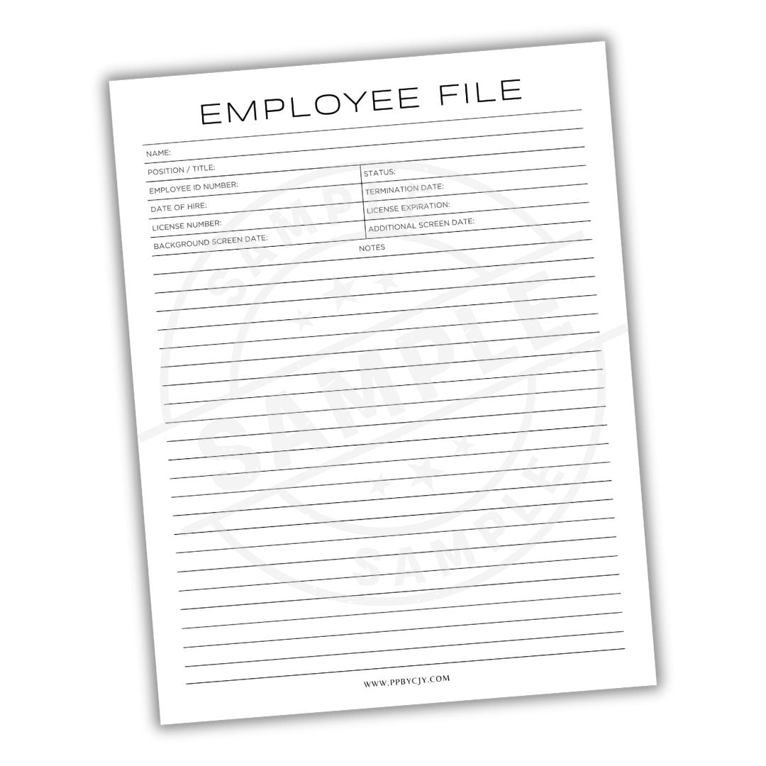 Employee file sheet with columns for information on a white background