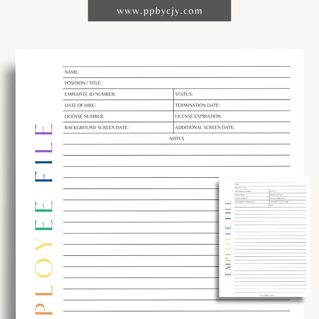 Employee File Printable Template – Digital Download for Organizing Employee Records with sections for personal information, job details, performance evaluations, and important documents.