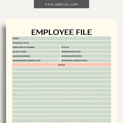 Employee File Printable Template – Digital Download for Organizing Employee Records with sections for personal information, job details, performance evaluations, and important documents.