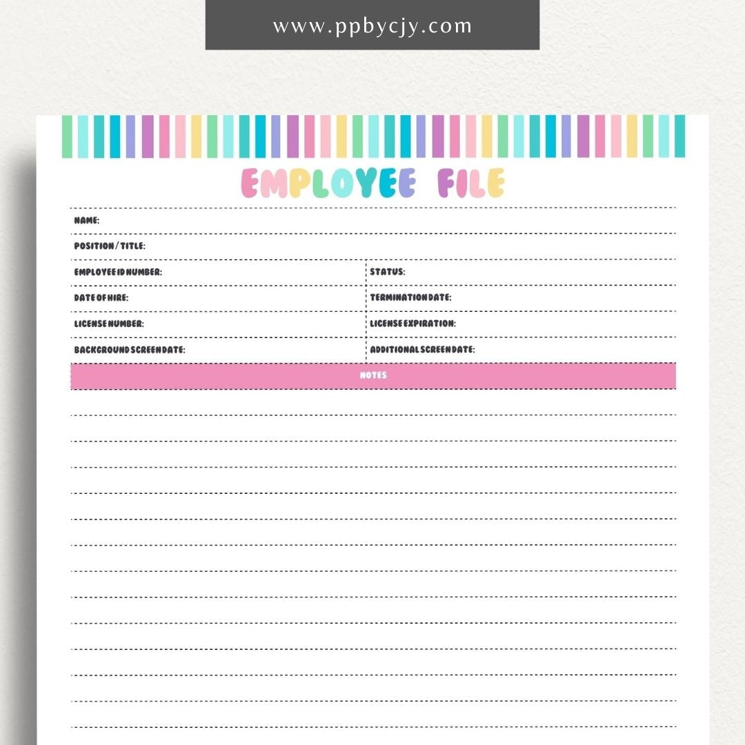 Employee File Printable Template – Digital Download for Organizing Employee Records with sections for personal information, job details, performance evaluations, and important documents.