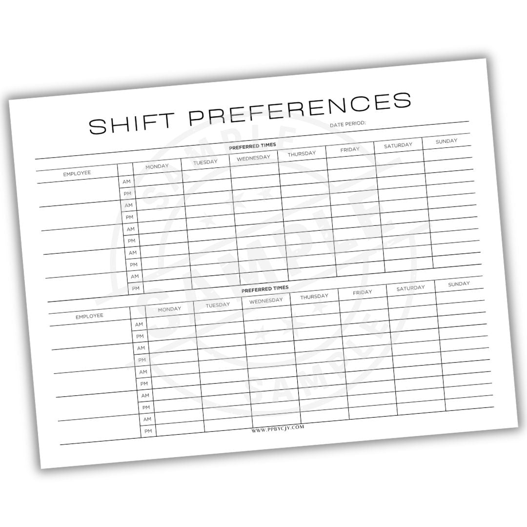 Shift preferences sheet with employee names and preferred times for different days of the week.