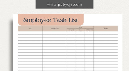 Employee Task List Printable Template – Digital Download for Managing Work Assignments with sections for tasks, deadlines, and priorities.