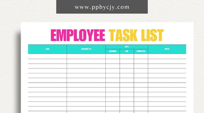 Employee Task List Printable Template – Digital Download for Managing Work Assignments with sections for tasks, deadlines, and priorities.