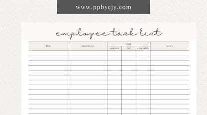 Employee Task List Printable Template – Digital Download for Managing Work Assignments with sections for tasks, deadlines, and priorities.