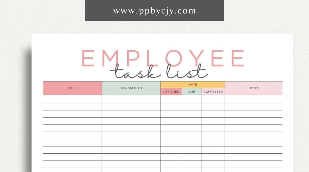 Employee Task List Printable Template – Digital Download for Managing Work Assignments with sections for tasks, deadlines, and priorities.