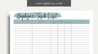 Employee Task List Printable Template – Digital Download for Managing Work Assignments with sections for tasks, deadlines, and priorities.