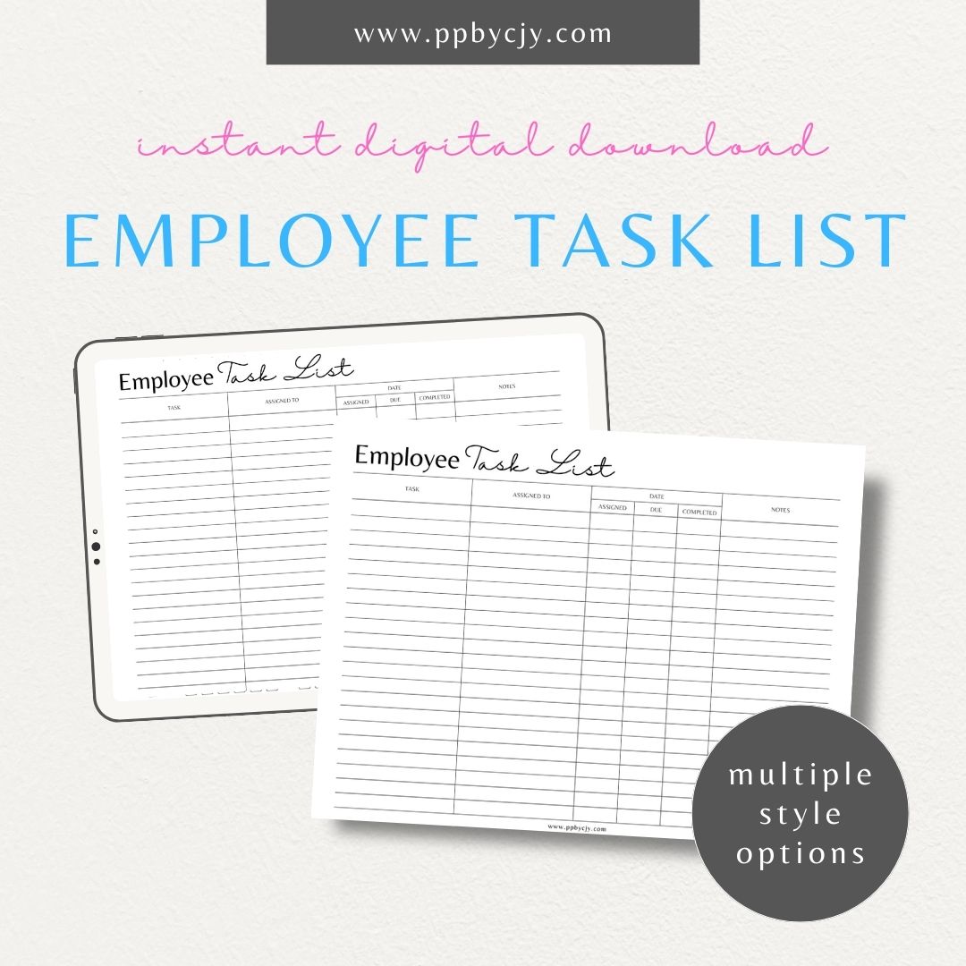 Employee Task List Printable Template – Digital Download for Managing Work Assignments with sections for tasks, deadlines, and priorities.