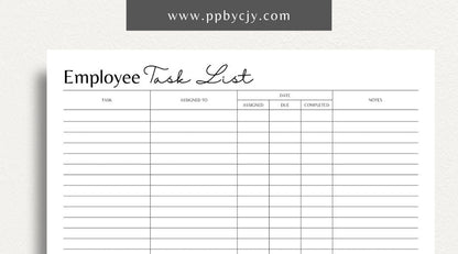 Employee Task List Printable Template – Digital Download for Managing Work Assignments with sections for tasks, deadlines, and priorities.