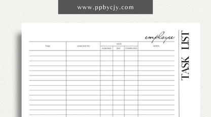 Employee Task List Printable Template – Digital Download for Managing Work Assignments with sections for tasks, deadlines, and priorities.